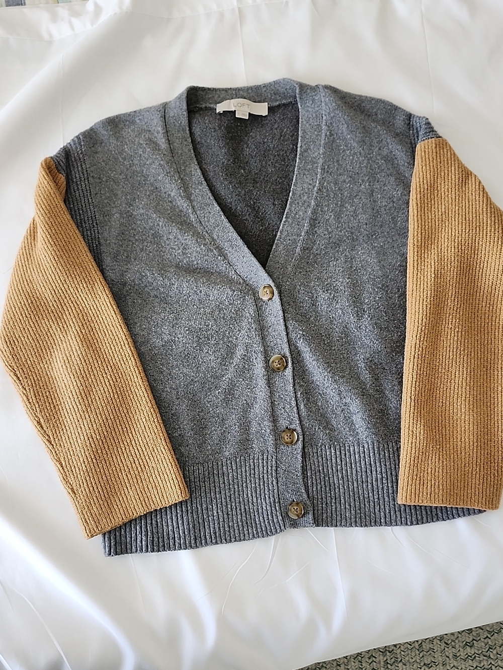 LOFT Gray Body Colorblock Cardigan with Tan Sleeves